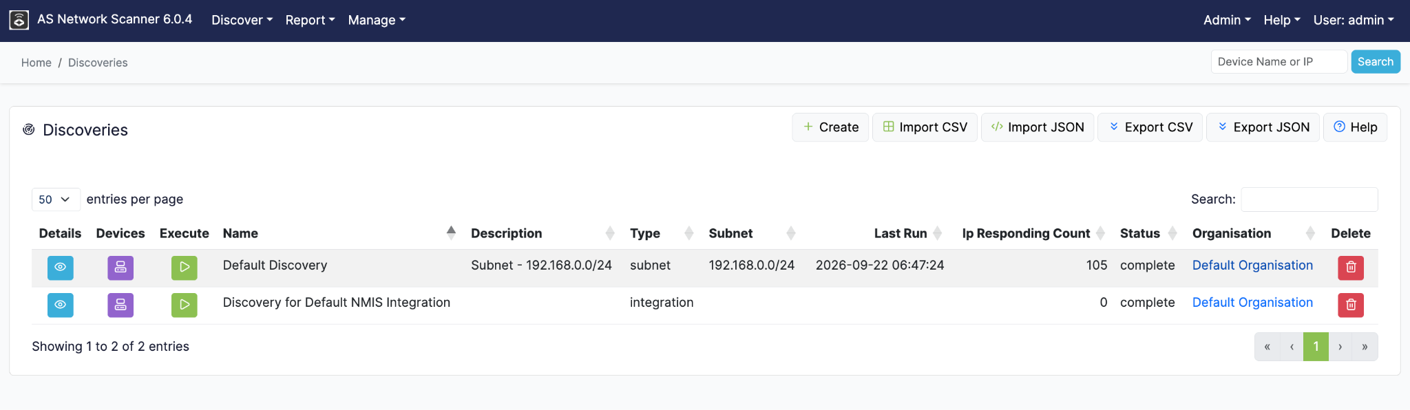 AS Network Scanner Discoveries list with configured network scans