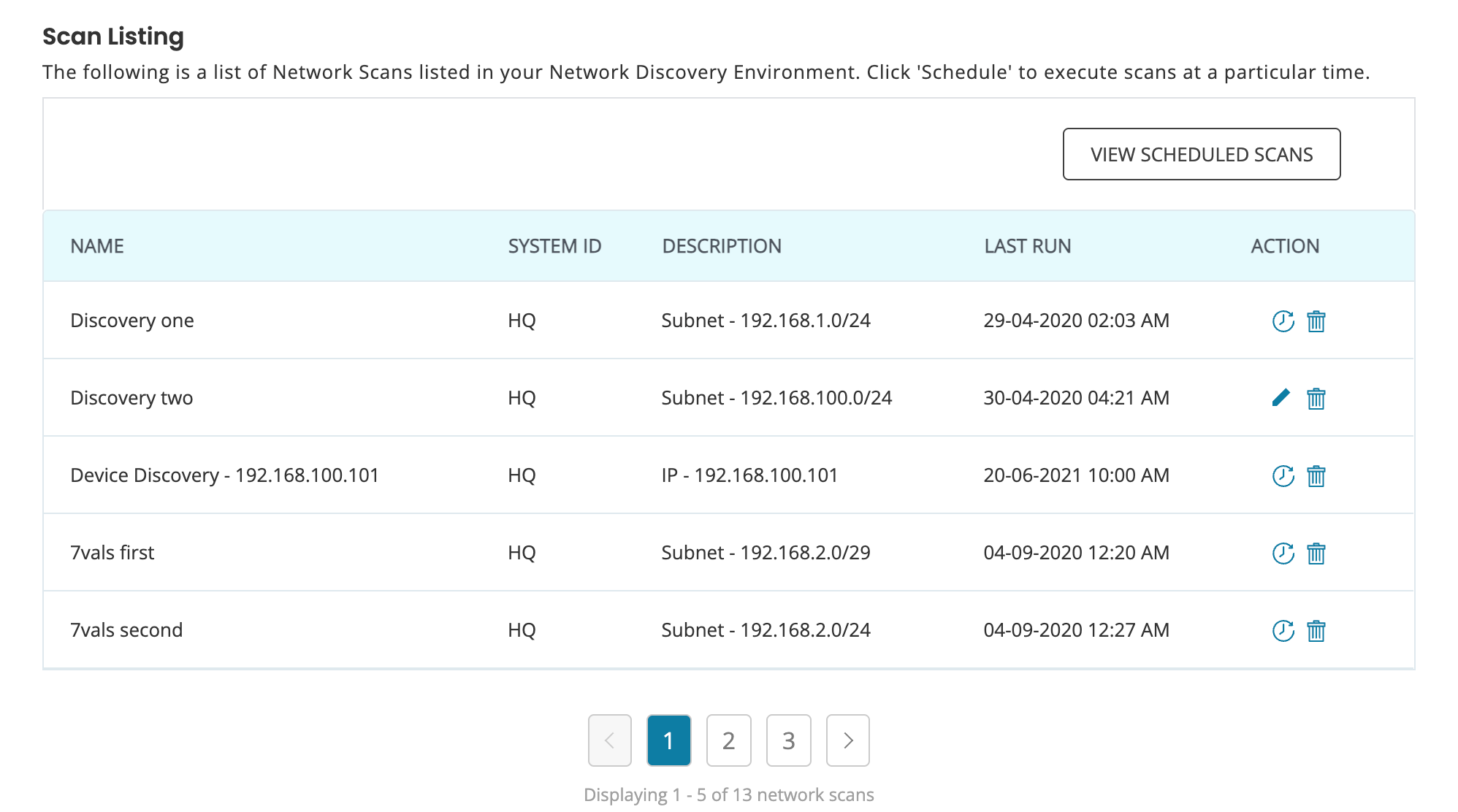 AssetSonar Network Discovery Scan Listing for scheduling recurring scans
