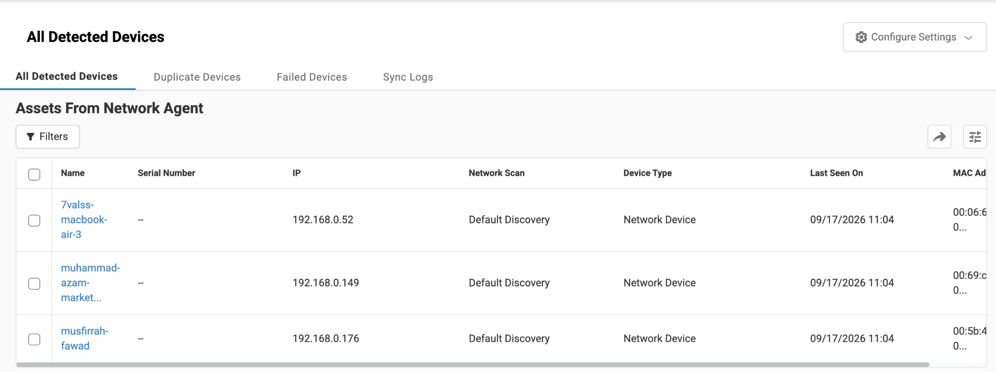 AssetSonar Provisioning page showing devices discovered by AS Network Scanner