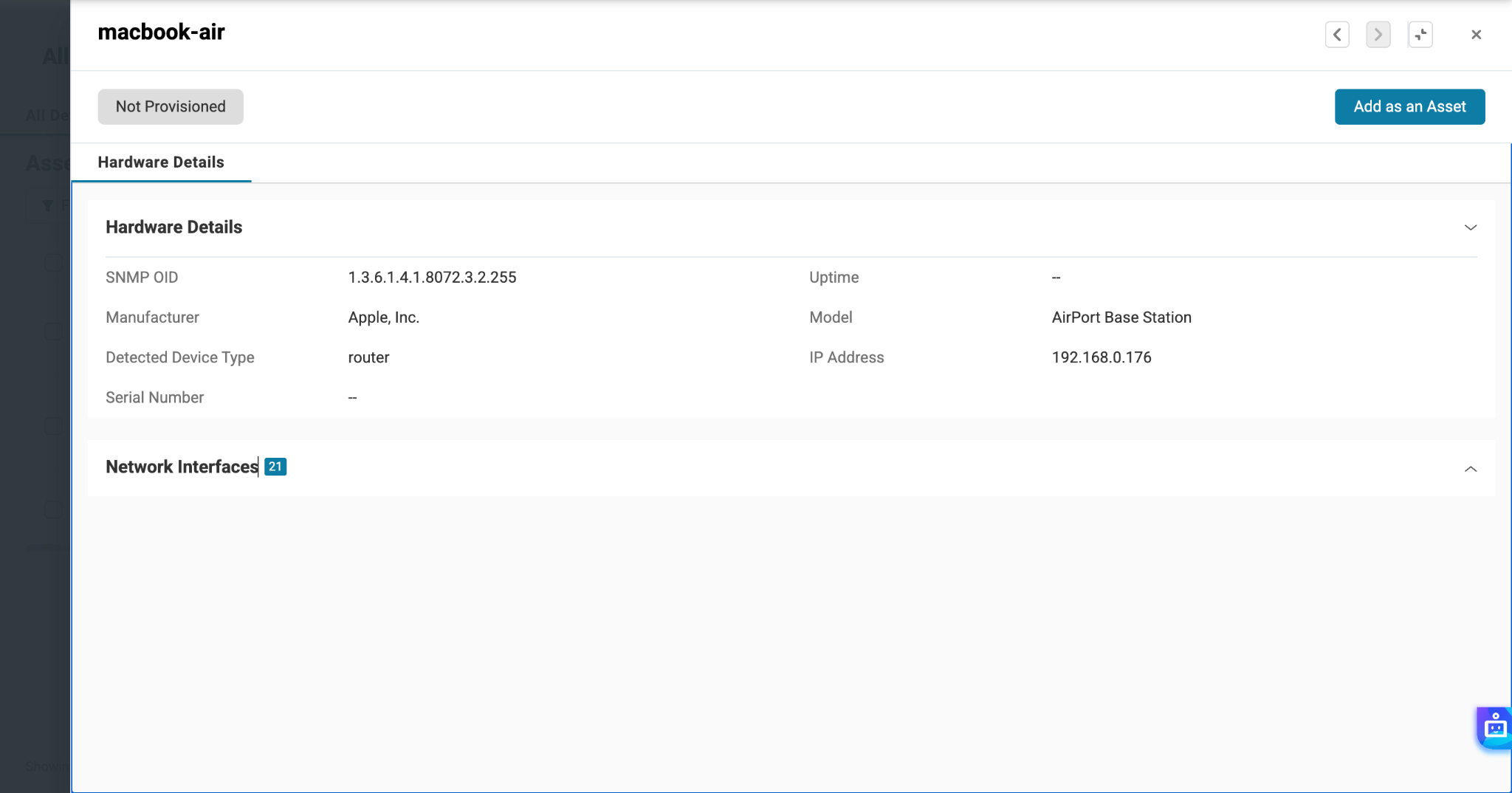 AssetSonar discovered device details page with the Add as an Asset option