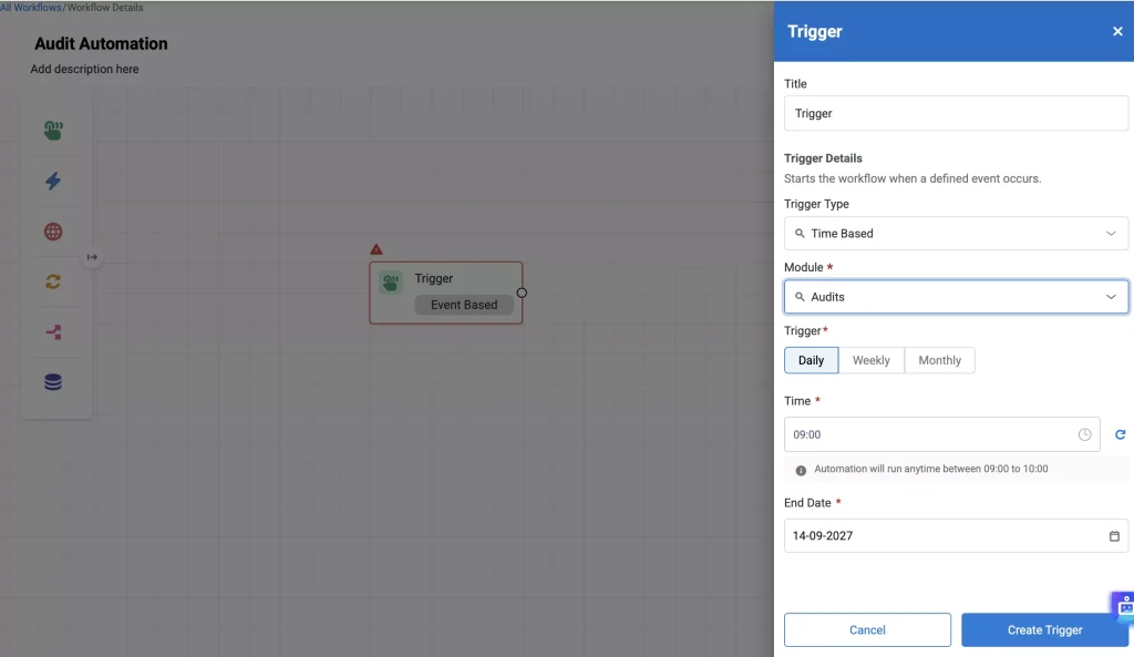 Workflow and automation page showing the trigger modal.