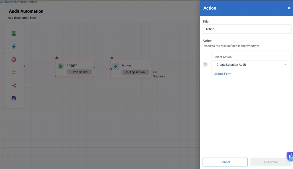 Workflow and automation page showing the action modal.