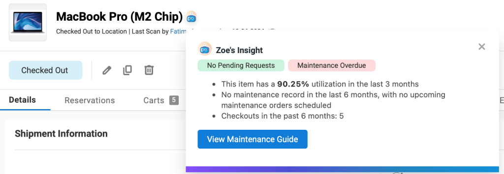 Zoe's Insights showing the asset's health summary.