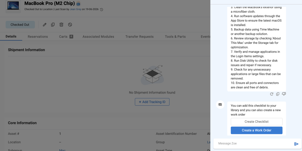 Zoe's Maintenance Guide showing the option to create a checklist or a work order.