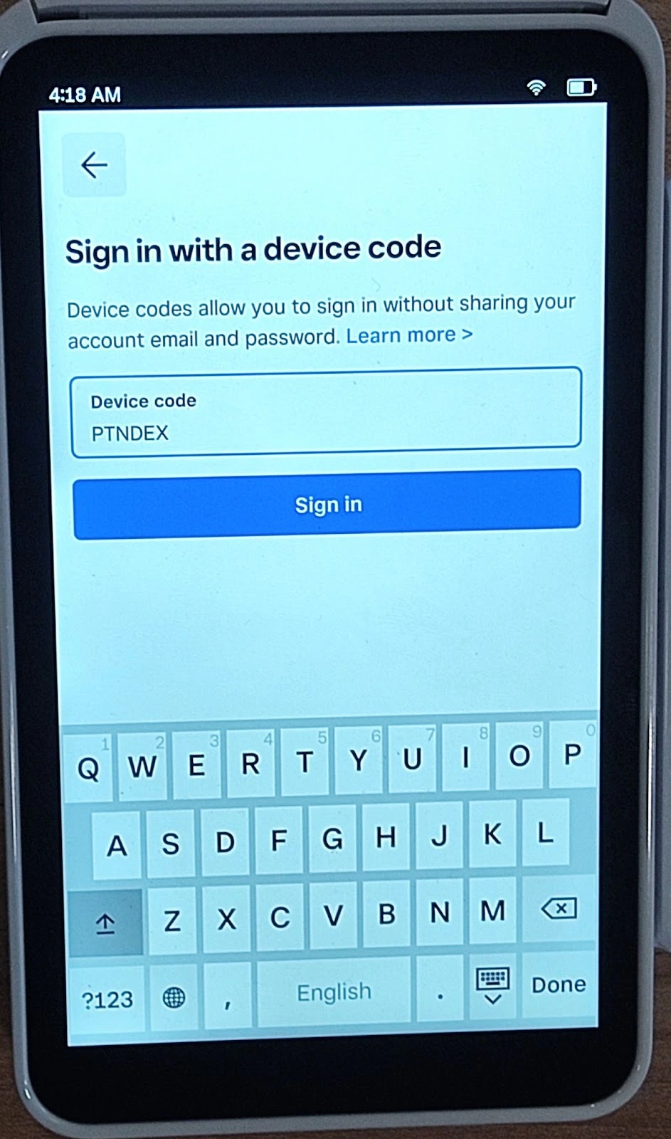 Generated code example to connect the Square terminal