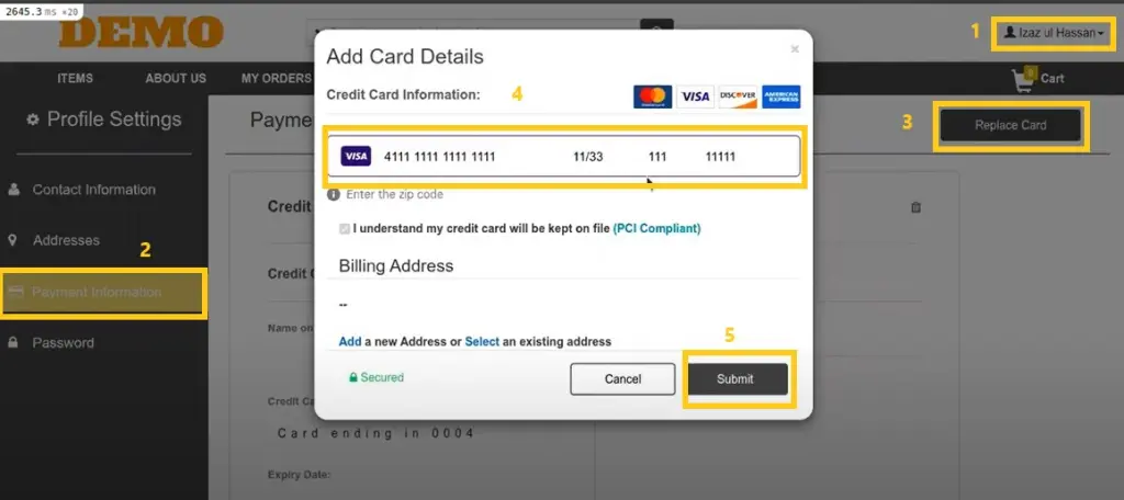 Payment information tab