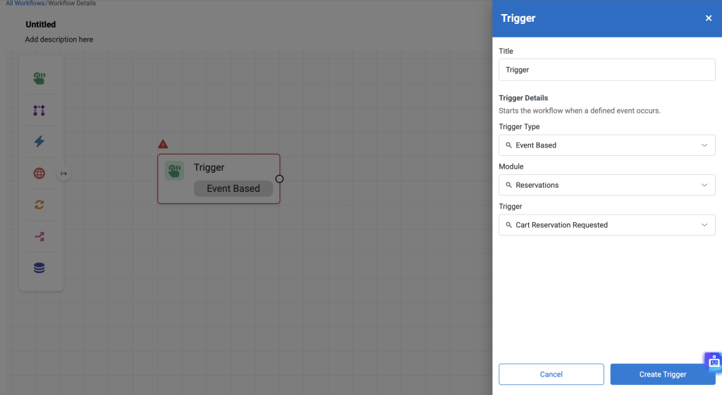 Trigger modal showing the trigger type and module.