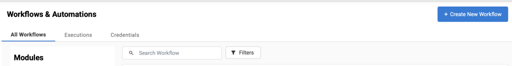 Workflow Automations page showing the Create New Workflow button.