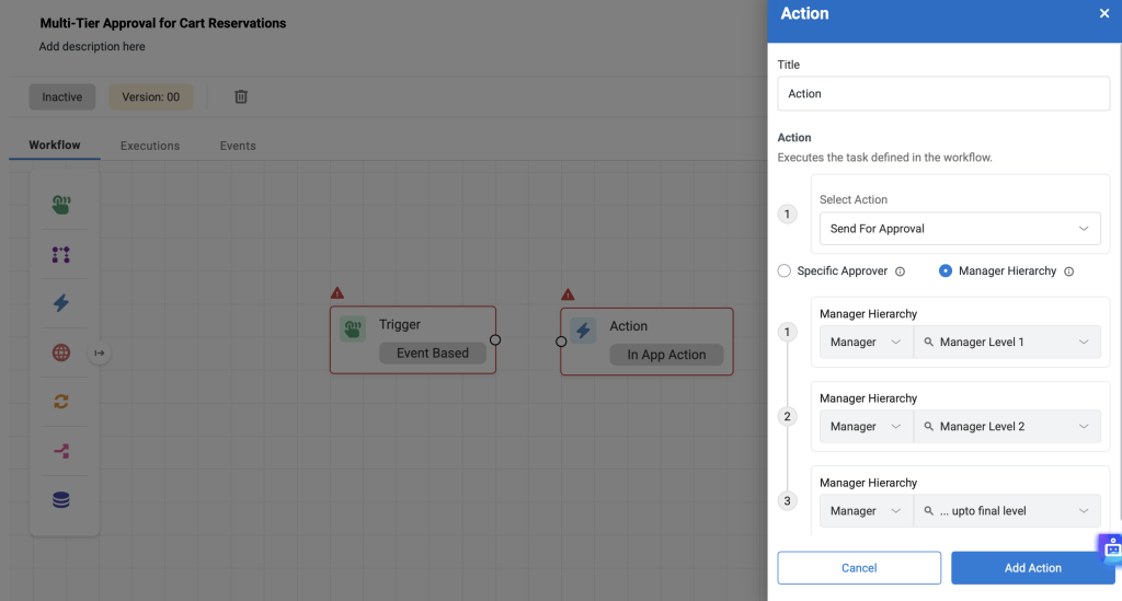 Action modal showing the manager hierarchy option.