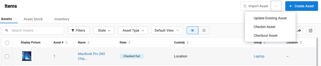 Item details page showing the Update Existing Asset option.