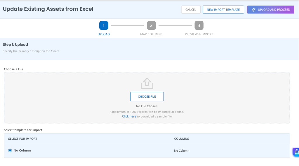 Update Bulk Asset(s) page showing the option to upload a CSV file.