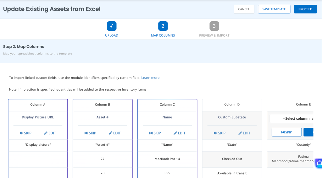 Update Bulk Asset(s) page showing the option to map spreadsheet columns.