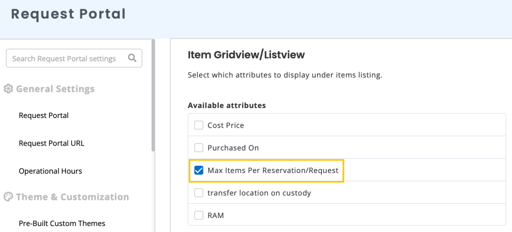 Request portal settings page showing the attributes to display under items listing.
