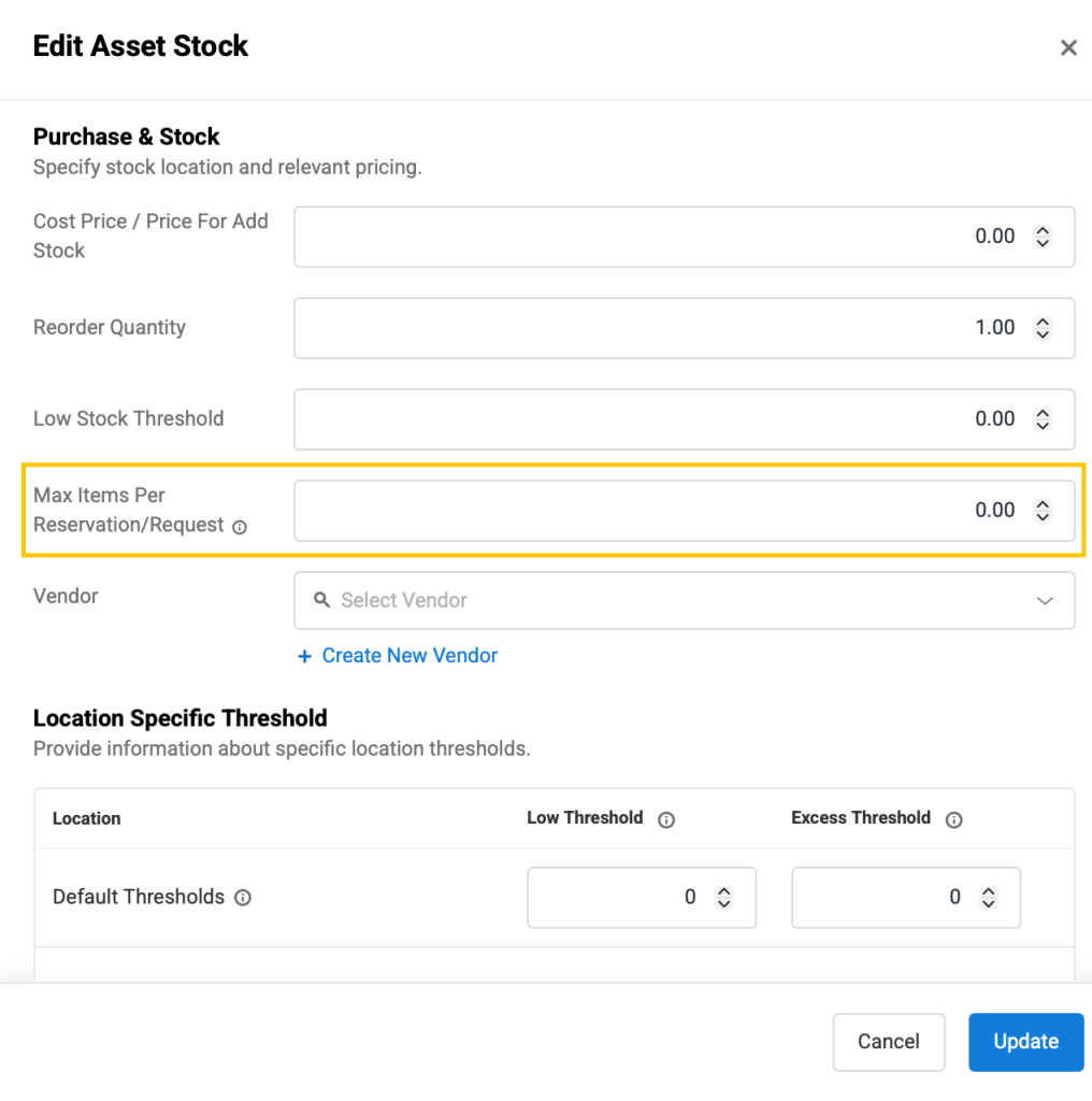 Asset Stock page showing how to set the maximum number of items per reservation.