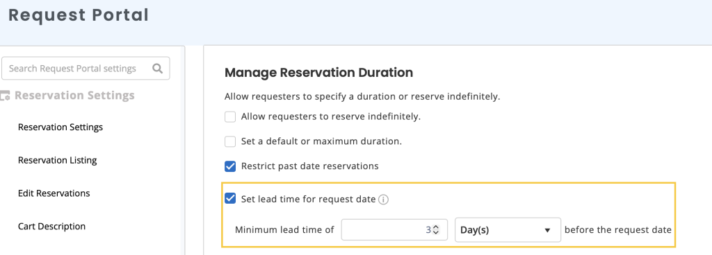 Request portal setting showing how to enable minimum lead time.