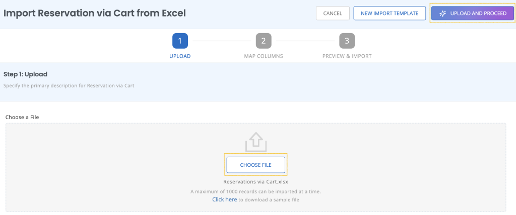 Import reservations showing option to choose a file to upload.