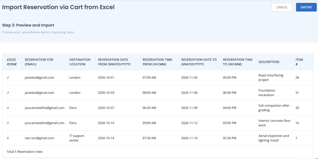 Import reservations page showing the Preview and Import section.