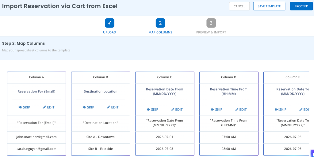 Import reservations page showing the mapping for columns suggested by EZO.