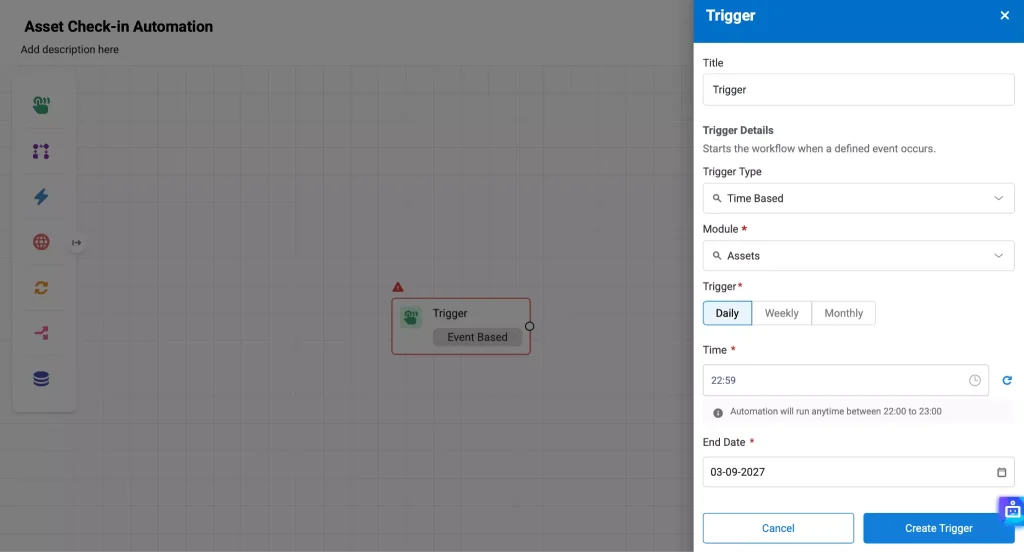 Workflows & Automations canvas showing the Trigger modal.