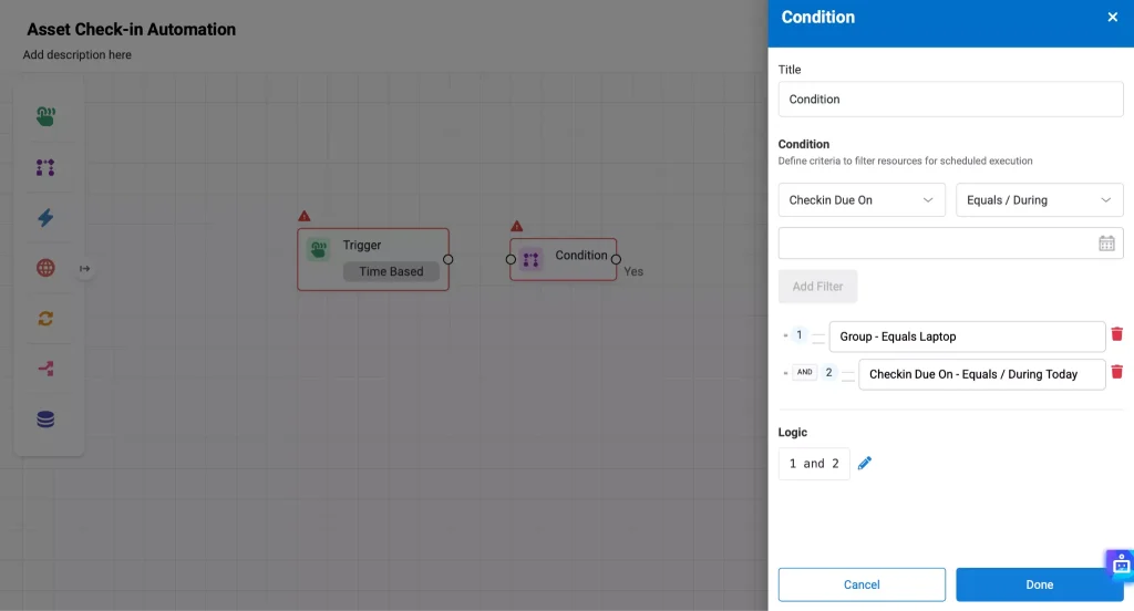 Workflows & Automations canvas showing the Condition modal.