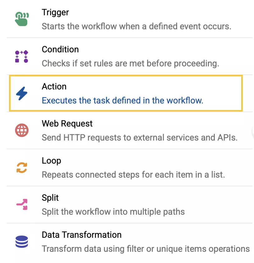 Workflows & Automations canvas showing the Action node.