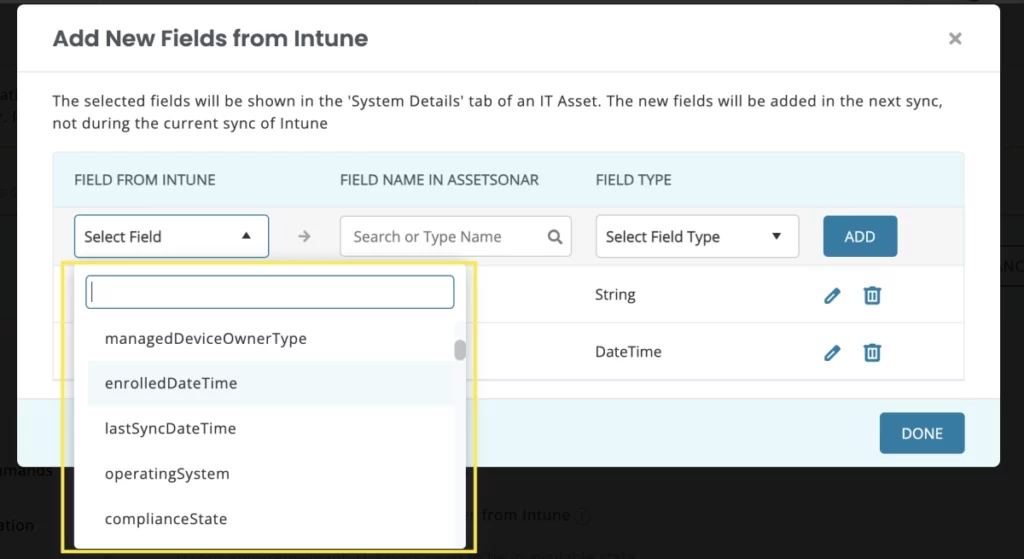 Add New Fields from Intune