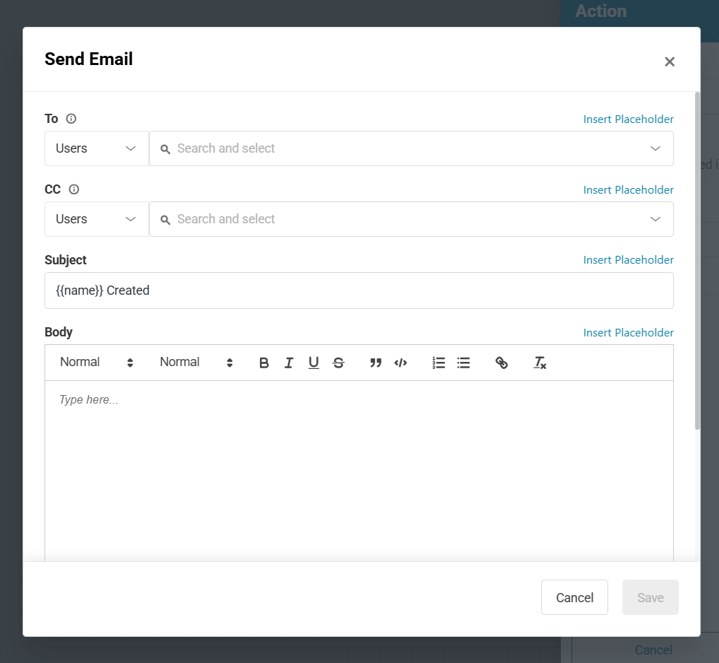 Send Email form with an asset-name placeholder inserted in the Subject field.