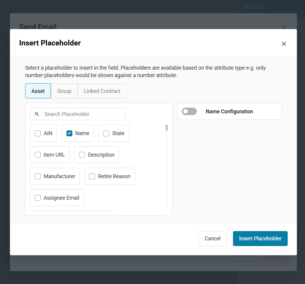 Insert Placeholder modal with the asset Name field selected.