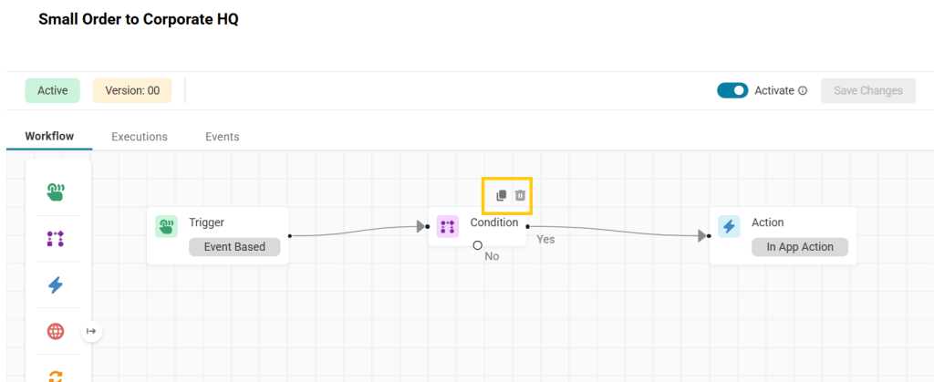 Workflow canvas with the Clone icon highlighted beside Delete on a Condition node.