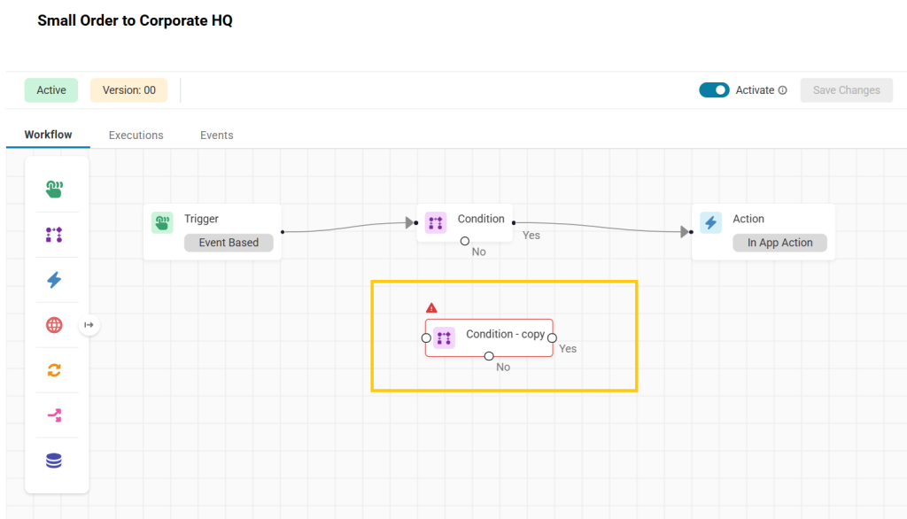 Workflow canvas showing an unconnected Condition node named โCondition - copy.โ