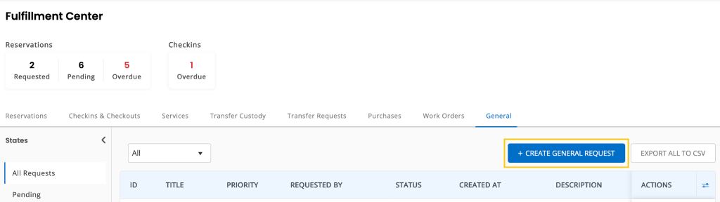 Fulfillment Center page showing the option to create a general request.