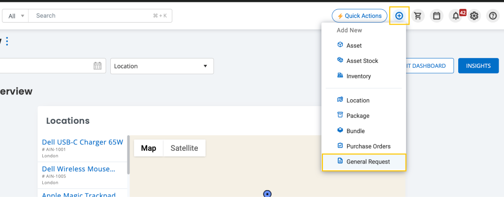 EZO dashboard showing the option to create a general request.