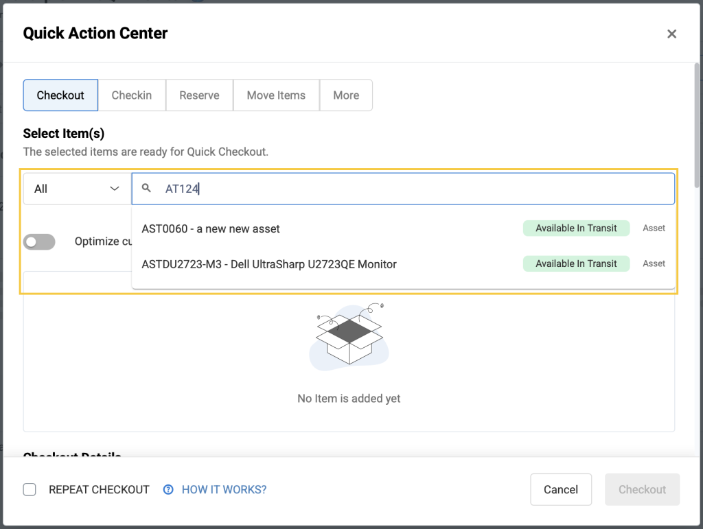 Quick Action Center showing the option to search for items based on a custom field.