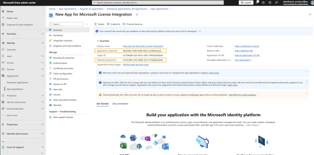 Application (client) ID and Directory (tenant) ID