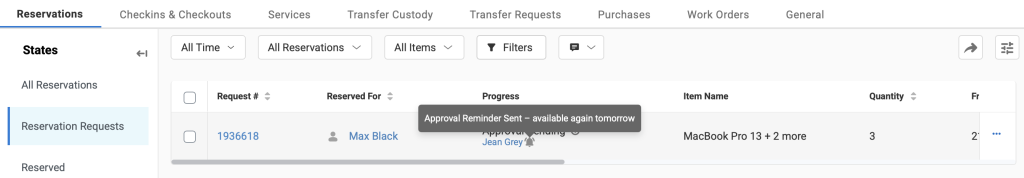 Progress column in the fulfillment Center showing the Send Approval Reminder bell icon and the email sent option.