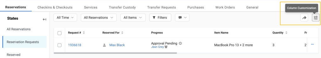 Fulfillment Center showing the Column Customization button.
