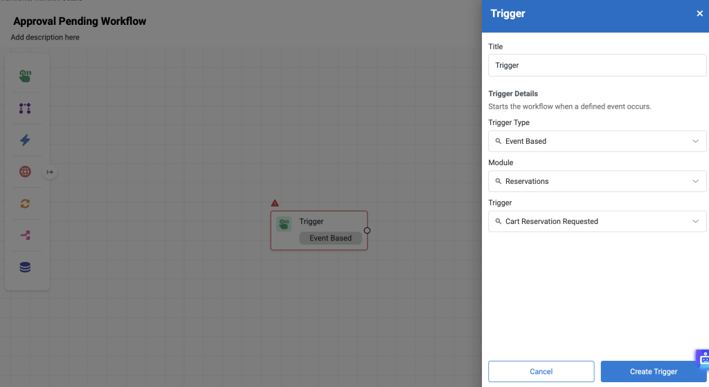 Workflow page showing the Trigger modal.