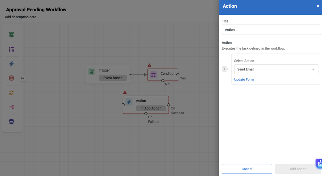 Automations and workflow page showing the Action modal.