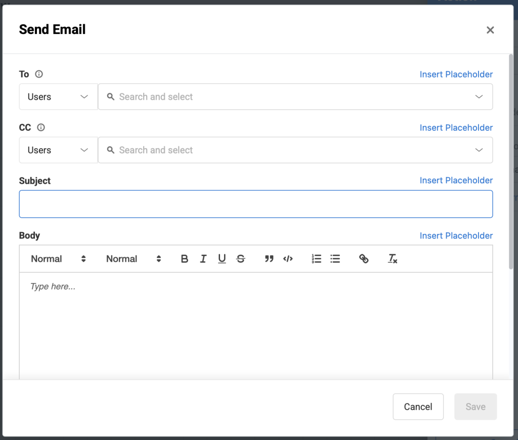 Automation and Workflow showing the Send Email pop-up.