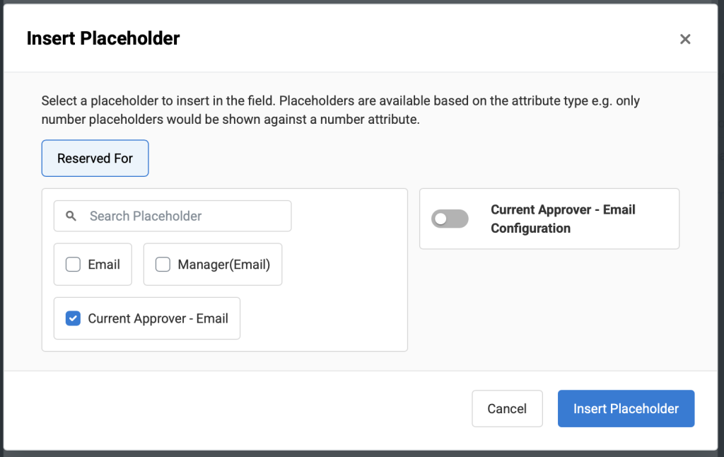 Automation and Workflow showing the Insert Placeholder pop-up.
