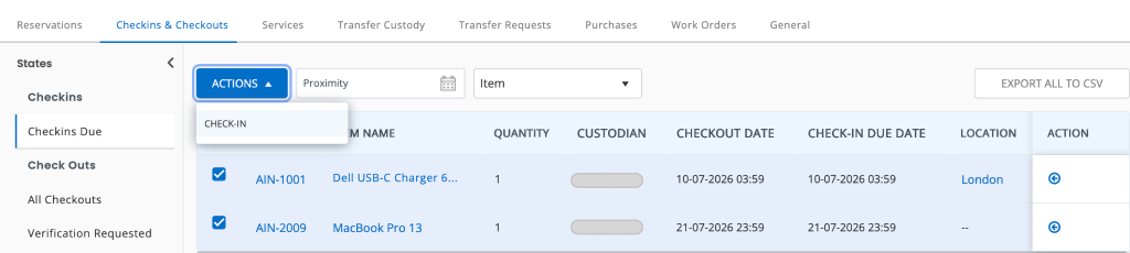 Fulfillment Center showing the option to perform actions in bulk in the Checkins & Checkouts tab.