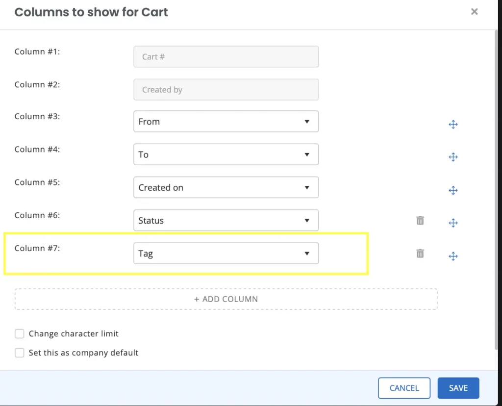 columns to show for cart