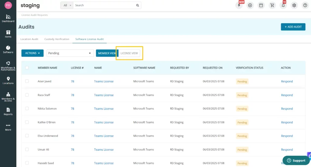 Software license audit view