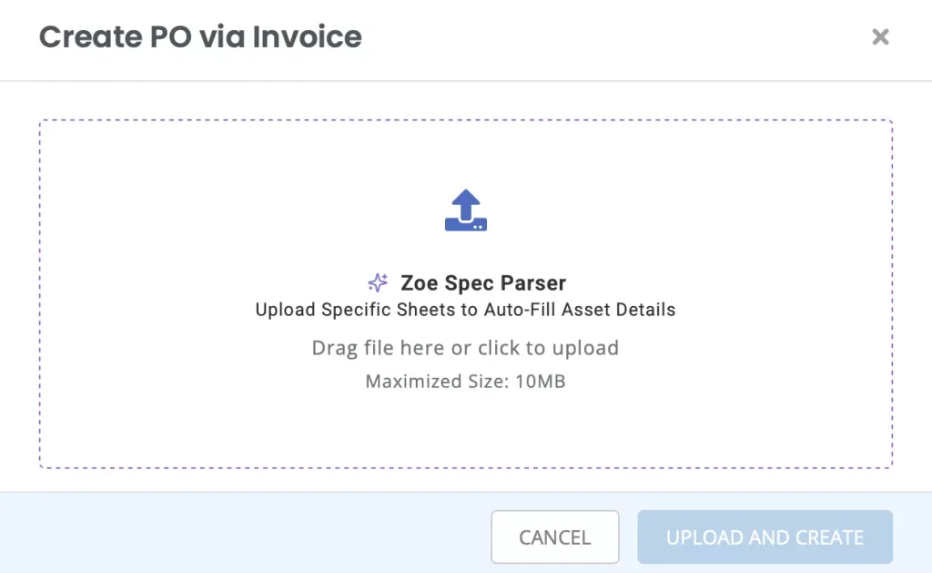 Create PO via Invoice showing the option to upload a spec doc.