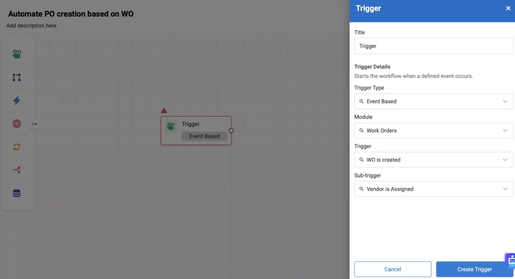 Workflow Automation page showing the Trigger modal.