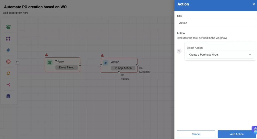 Workflow Automation page showing the Action modal.