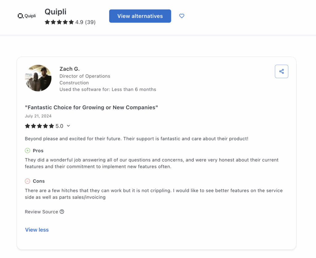Capterra review Quipli 