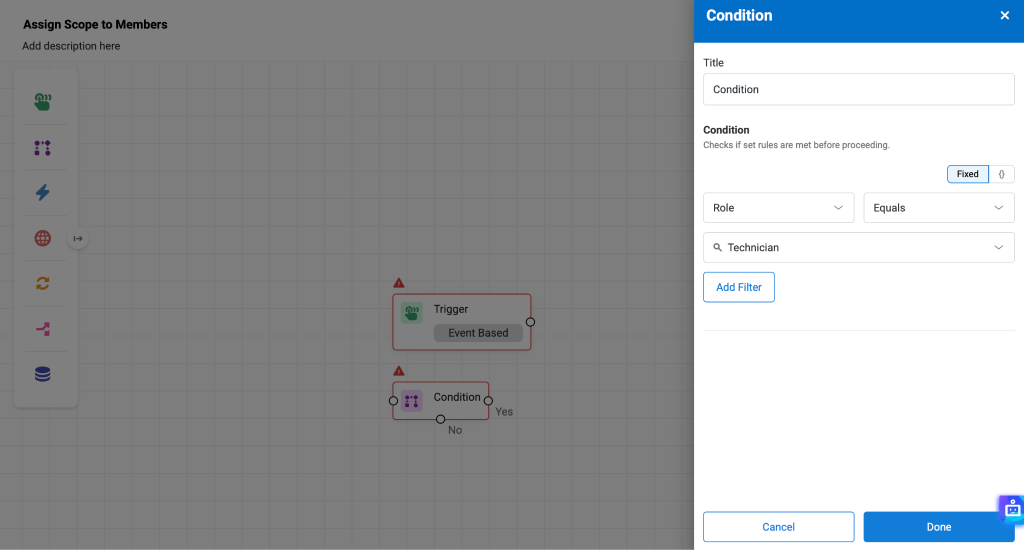 Workflow canvas showing the Condition modal.