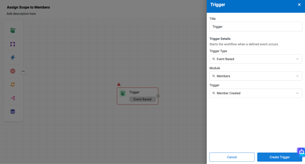 Workflow canvas showing the Trigger modal.