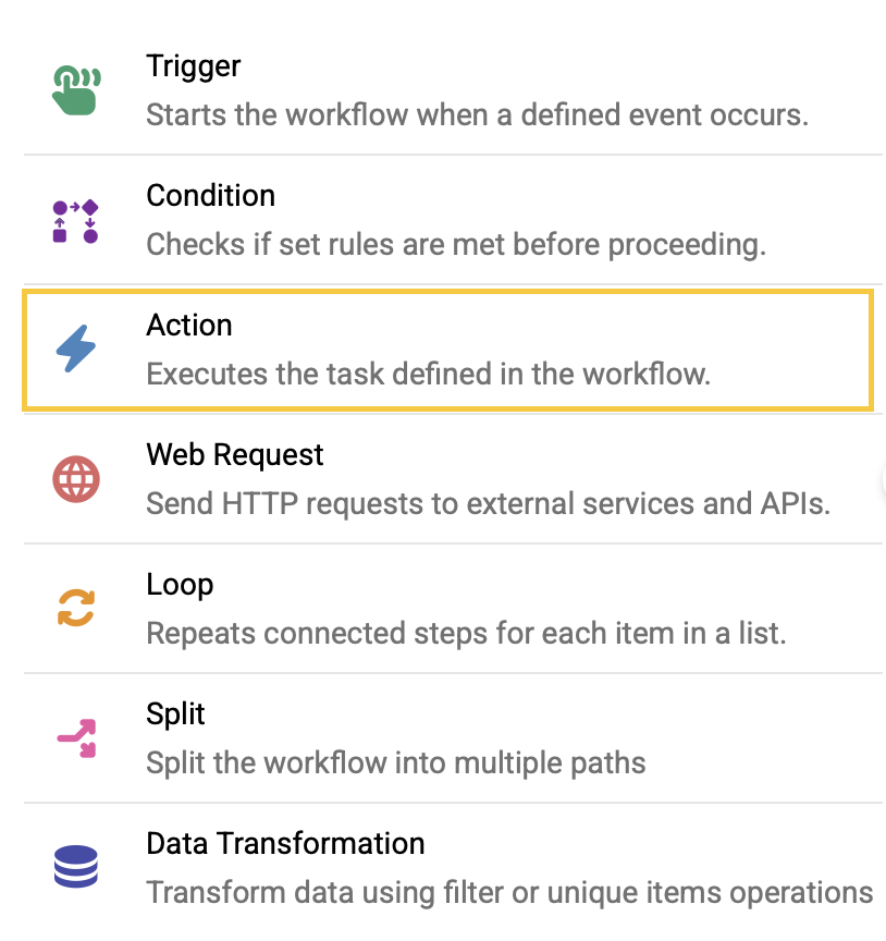 Workflow canvas showing the Action node.